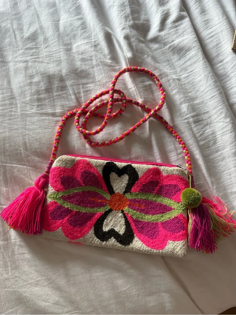 HANDMADE Pink Knit Floral Embroidered Crossbody Bag